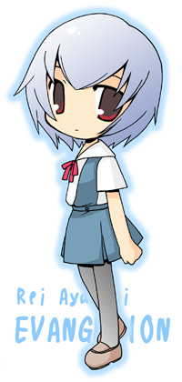 shudou rima, ayanami rei, neon genesis evangelion, lowres, 1girl, blue hair, character name, chibi, copyright name, female focus, looking at viewer, outline, pantyhose, red eyes, school uniform, serafuku, short hair, simple background, solo, standing, walking