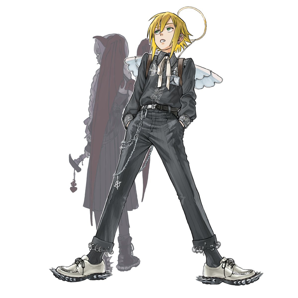 koze niire, makaino ririmu, uzuki kou, nijisanji, highres, 1boy, 1girl, angel wings, belt, black belt, black pants, black shirt, black socks, blonde hair, chain, collared shirt, demon wings, fake halo, fake wings, full body, green eyes, hair between eyes, halo, hands in pockets, loafers, long sleeves, looking up, male focus, pants, ribbon, shirt, shoes, short hair, simple background, socks, spiked shoes, spikes, virtual youtuber, white background, white ribbon, white shoes, wing collar, wings