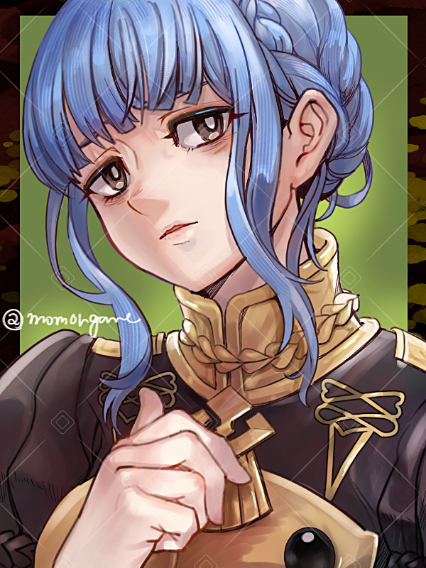 momongame 17, marianne von edmund, fire emblem, fire emblem: three houses, nintendo, commentary request, 1girl, bags under eyes, blue hair, braid, breasts, brown eyes, buttons, crown braid, garreg mach monastery uniform, green background, lips, looking at viewer, medium breasts, parted lips, pink lips, short hair, sidelocks, solo, twitter username, upper body