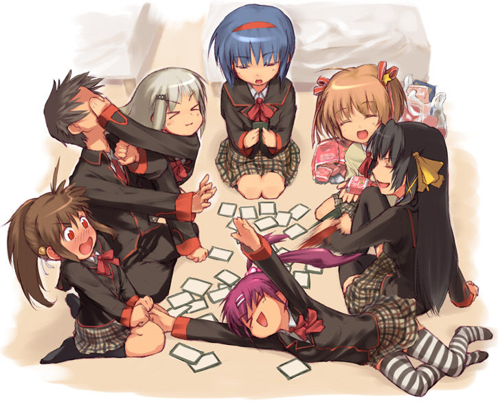 negy, kamikita komari, kurugaya yuiko, naoe riki, natsume rin, nishizono mio, noumi kudryavka, saigusa haruka, little busters!, silver hair, striped legwear, > <, 1boy, 6+girls, black hair, blue hair, blush, bob cut, bow, brown hair, card, closed eyes, everyone, hairband, holding, holding card, multiple girls, orange hair, person on card, pink bow, plaid clothes, plaid skirt, playing games, ponytail, purple hair, red eyes, school uniform, serafuku, skirt, striped clothes, striped thighhighs, thighhighs