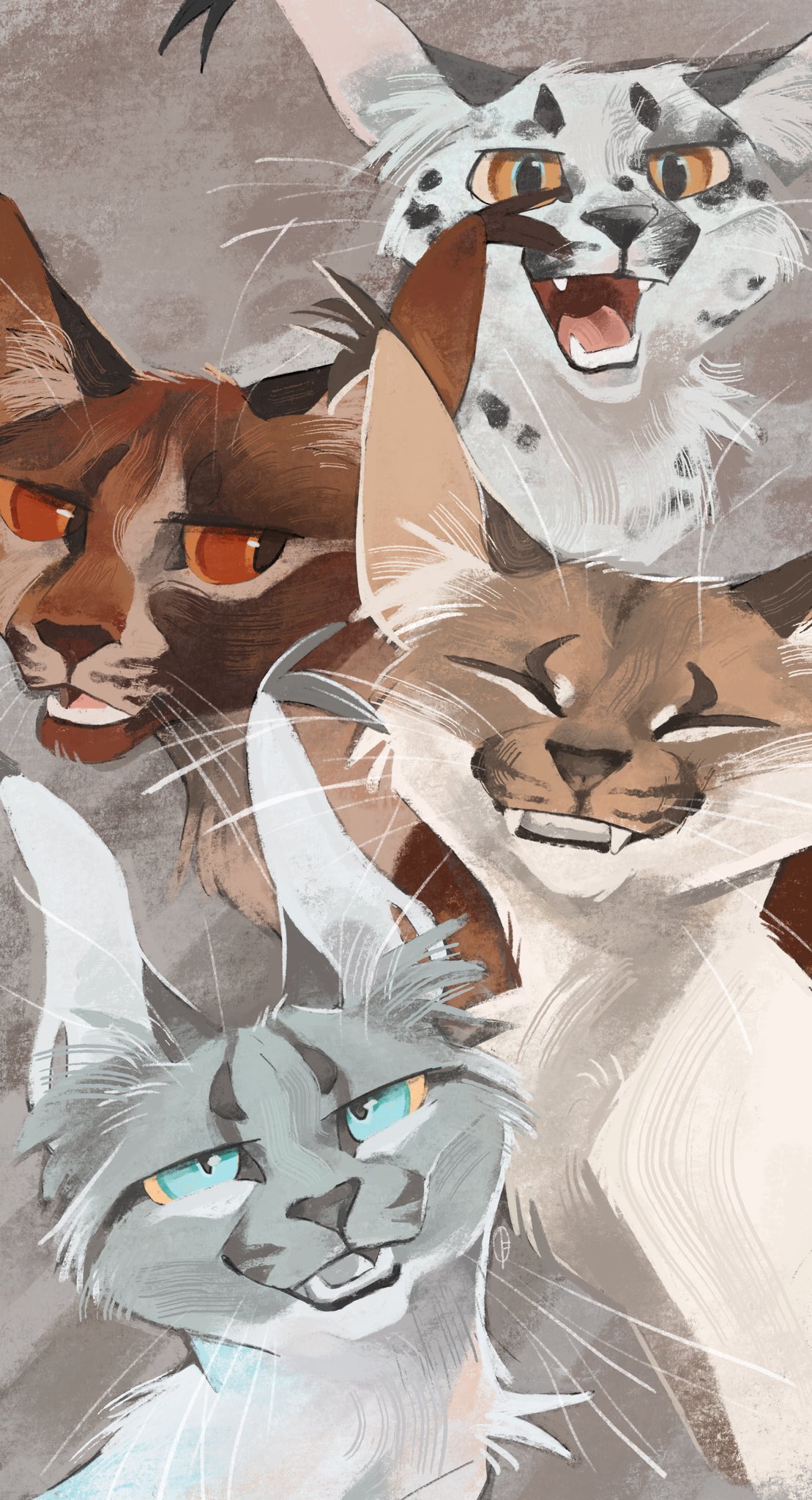 original, commentary, english commentary, highres, animal, animal focus, aqua eyes, artist self-insert, brown fur, caracal, closed eyes, ear tufts, fangs, finchwing, finchwing (character), grey fur, grin, looking at viewer, no humans, open mouth, orange eyes, simple background, smile, spotted fur, upper body, whiskers