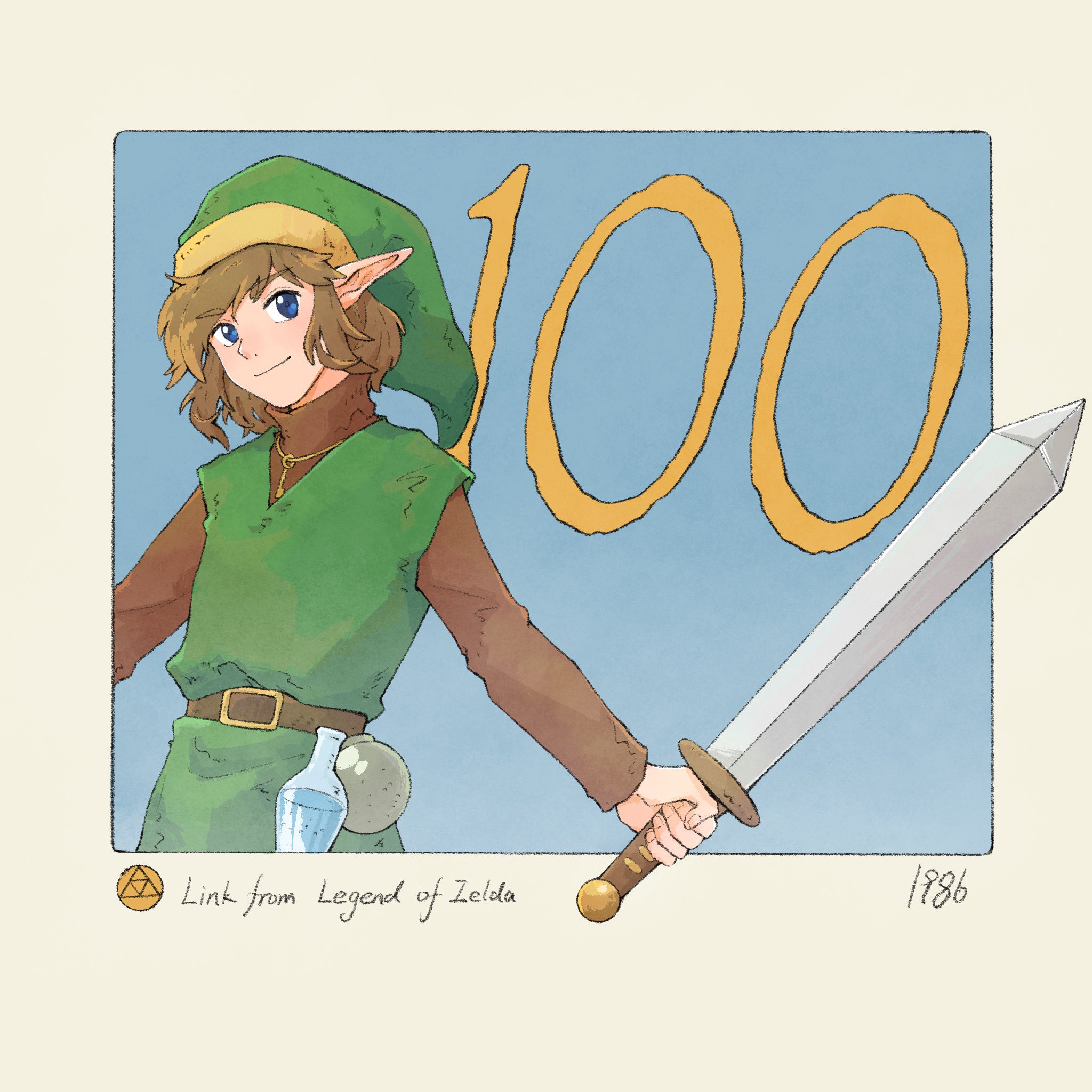 yangyaozigo, link, nintendo, the legend of zelda, the legend of zelda (nes), commentary, english commentary, highres, 1boy, border, bottle, copyright name, green hat, green tunic, hat, holding, holding sword, holding weapon, male focus, outside border, pointy ears, smile, solo, sword, triforce, tunic, weapon