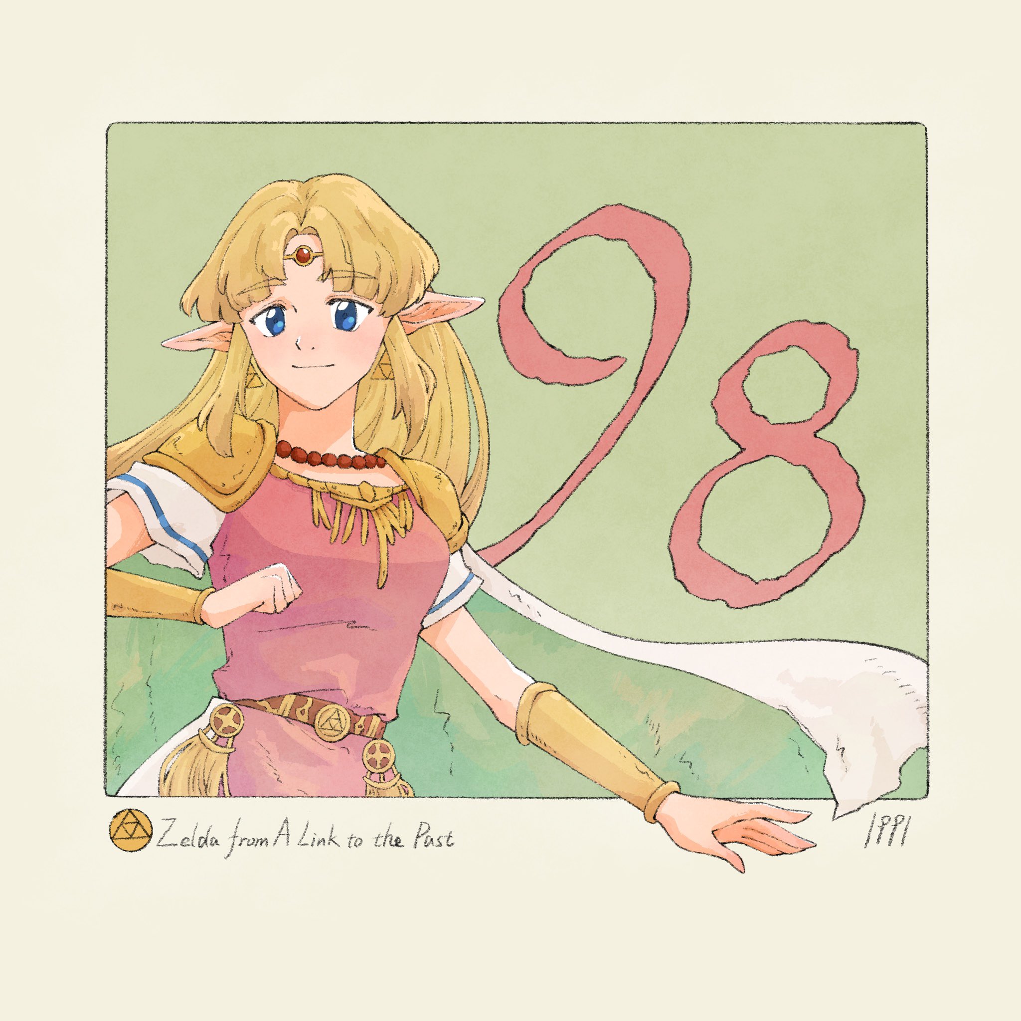 yangyaozigo, princess zelda, nintendo, the legend of zelda, the legend of zelda: a link to the past, commentary, english commentary, highres, 1girl, bare shoulders, bead necklace, beads, blonde hair, blue eyes, character name, circlet, copyright name, dress, jewelry, long hair, looking at viewer, necklace, pink dress, pointy ears, solo