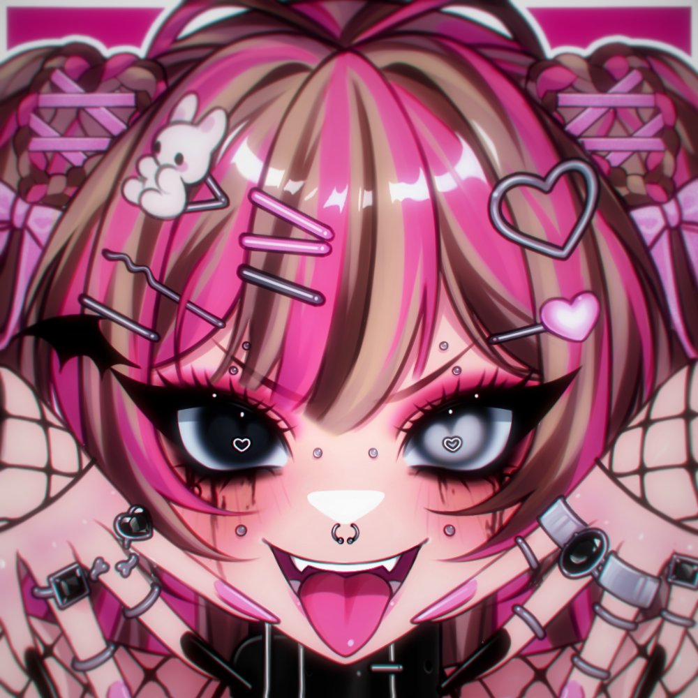 original, commentary, symbol-only commentary, 1girl, black eyes, black nails, blush, brown hair, double-parted bangs, eyebrow piercing, eyelashes, eyeshadow, face piercing, fangs, fishnet sleeves, fishnets, grey eyes, hair ornament, hairclip, hands up, heart, heart hair ornament, heart in eye, heterochromia, im monimon, jewelry, long sleeves, looking at viewer, makeup, mascara, multicolored hair, multicolored nails, multiple piercings, multiple rings, nail polish, nose piercing, open mouth, piercing, pink background, pink eyeshadow, pink hair, pink nails, portrait, rabbit hair ornament, ring, runny makeup, simple background, smile, solo, symbol in eye, tongue, tongue out, two-tone hair, v-shaped eyebrows