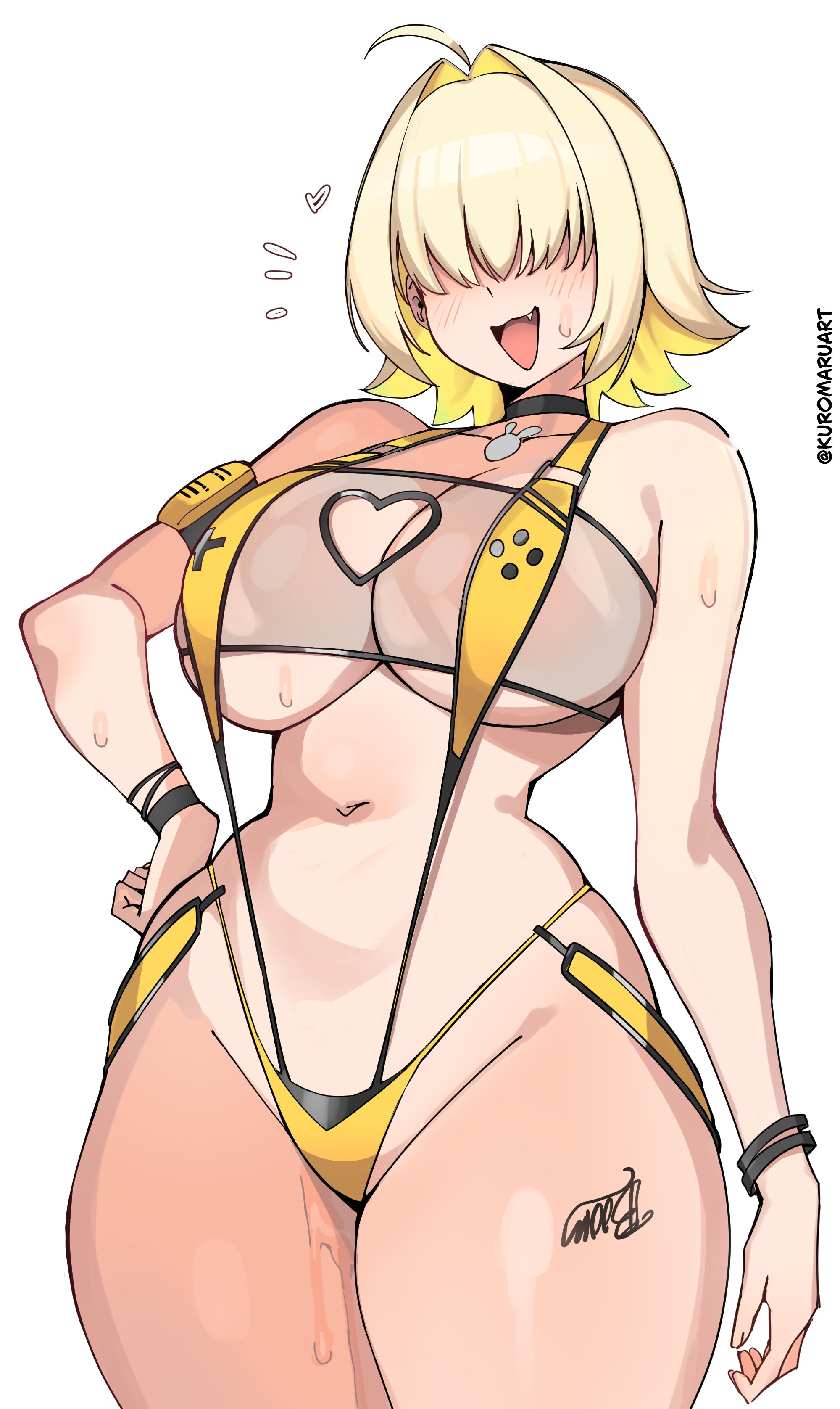 kuromaruart, elegg (nikke), goddess of victory: nikke, 1girl, arm at side, artist name, black one-piece swimsuit, blonde hair, blush, breasts, dot nose, fang, female focus, hair over eyes, hand on own hip, huge breasts, leg tattoo, medium hair, multicolored one-piece swimsuit, navel, nervous smile, one-piece swimsuit, simple background, slingshot swimsuit, smile, solo, swimsuit, tan, tanline, tattoo, thick thighs, thighs, white background, wide hips, wide sleeves, yellow one-piece swimsuit