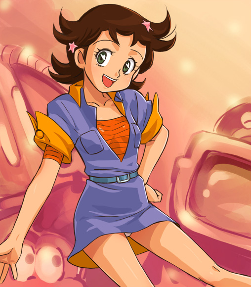 haruyama kazunori, belt, blouse, brown hair, dress, green eyes, legs, panties, pantyshot, shirt, short hair, smile, underwear