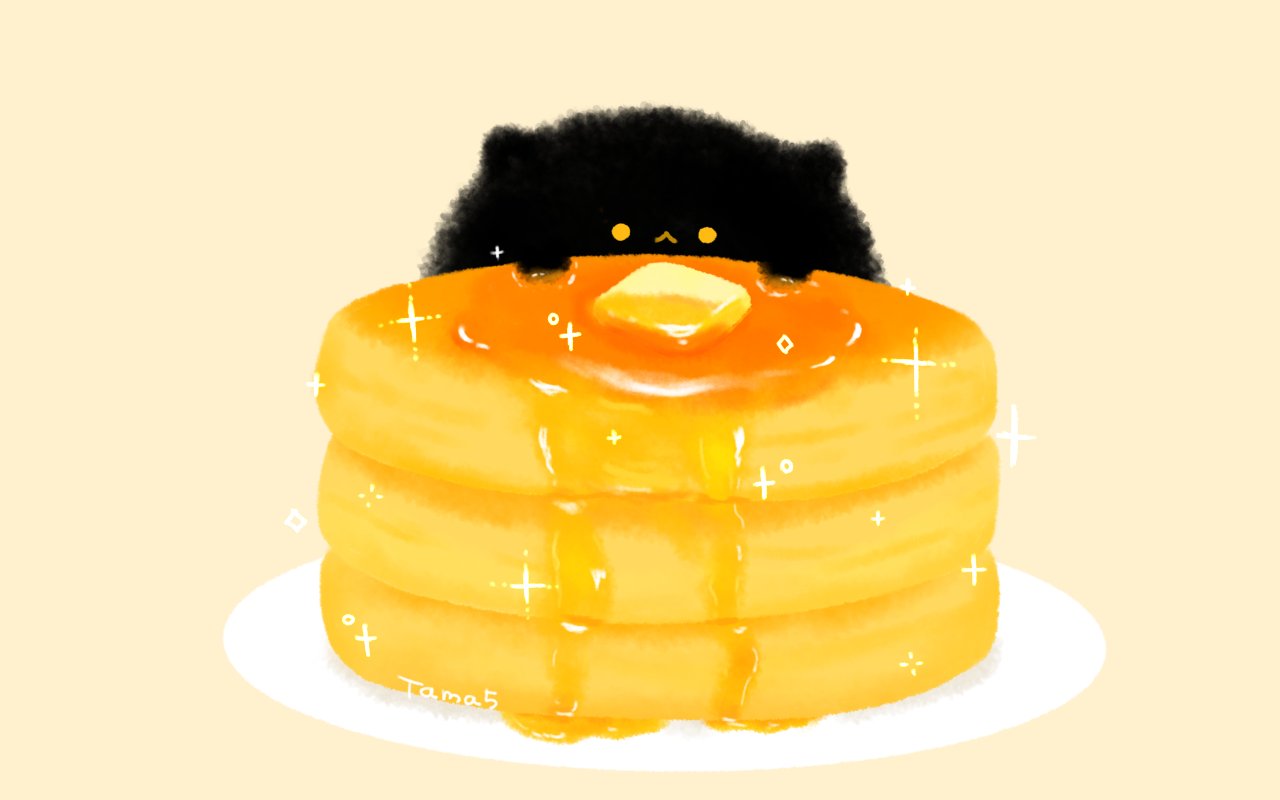 original, commentary, symbol-only commentary, animal, animal focus, artist name, black cat, butter, cat, food, food focus, maple syrup, no humans, pancake, plate, simple background, solo, tamagom5m5, yellow eyes