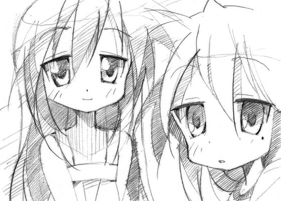 gofu, izumi kanata, izumi konata, lucky star, traditional media, 00s, 2girls, age difference, greyscale, mole, mole under eye, monochrome, mother and daughter, multiple girls, sketch