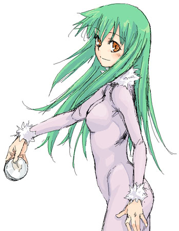 satou atsuki, amber (darker than black), darker than black, lowres, 00s, 1girl, bodysuit, female focus, fur trim, glass, green hair, long hair, looking at viewer, orange eyes, simple background, smile, solo, standing, white background, yellow eyes