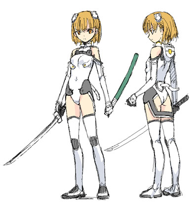 satou atsuki, sakurano otoha, sky girls, pilot suit, white footwear, lowres, 00s, 1girl, ass, bare shoulders, blonde hair, boots, breasts, covered navel, elbow gloves, flat ass, from side, full body, gloves, halterneck, headgear, holding, holding weapon, katana, leotard, looking at viewer, looking to the side, mecha pilot suit, motion slit, motionslit, multiple views, orange eyes, orange hair, profile, serious, sheath, short hair, sketch, small breasts, standing, sword, thigh boots, thighhighs, turtleneck, weapon, white gloves, white thighhighs