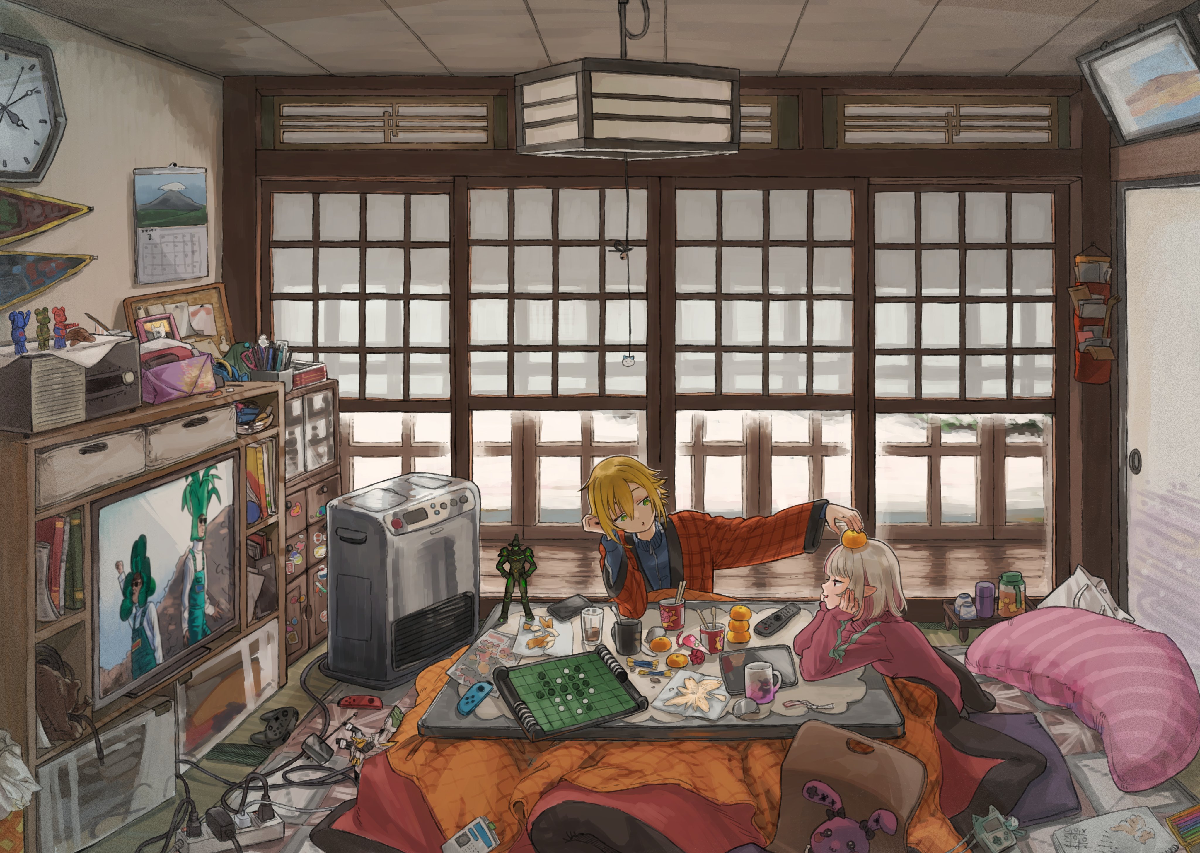 koze niire, daikagami (kagami hayato), hanabatake chaika, hanabatake chaika (5th costume), makaino ririmu, uzuki kou, nijisanji, absurdres, hashtag-only commentary, highres, 1boy, 1girl, absurdly detailed composition, action figure, alternate costume, analog clock, architecture, blonde hair, blue shirt, brown hair, calendar (object), clock, colored inner hair, controller, east asian architecture, elbow rest, food, food on head, fruit, fruit on head, game controller, green eyes, indoors, kotatsu, long sleeves, looking at another, mandarin orange, multicolored hair, object on head, pillow, pink hair, pink shirt, pointy ears, shirt, short hair, stuffed animal, stuffed rabbit, stuffed toy, table, television, two-tone hair, virtual youtuber