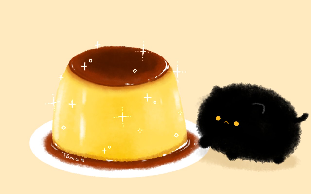 original, commentary, symbol-only commentary, animal, animal focus, artist name, black cat, cat, food, food focus, no humans, plate, pudding, shadow, simple background, solo, tamagom5m5, yellow eyes