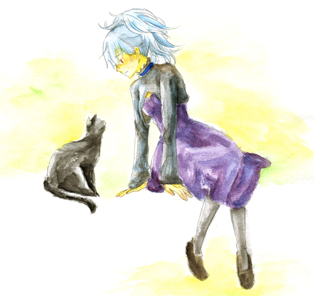 mao (darker than black), yin (darker than black), darker than black, 00s, 1girl, black cat, cat, choker, dress, female focus, grey hair, long sleeves, ponytail, purple dress, shoes, sitting