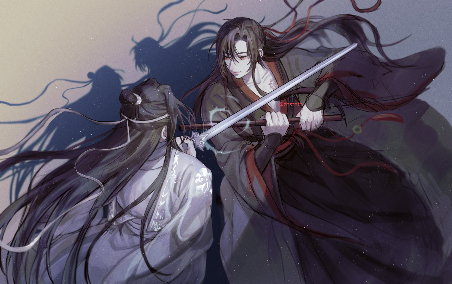 zhstntn, lan wangji, wei wuxian, wei wuxian (yiling laozu), modao zushi, korean commentary, 2boys, ahoge, battle, bichen sword, black hair, black hanfu, branded, chenqing flute, chinese clothes, closed mouth, coat, collarbone, dizi, floating hair, flute, flute tassel, grey coat, hair bun, hair down, hair ribbon, half updo, hanfu, headband, holding, holding flute, holding instrument, holding sword, holding weapon, instrument, jian (weapon), long hair, long sleeves, looking at another, male focus, multiple boys, official alternate costume, official alternate hairstyle, open clothes, open coat, red eyes, red ribbon, red sash, ribbon, robe, sash, scar, scar on chest, shadow, sidelocks, single hair bun, sleeves past wrists, smile, standing, sword, tassel, topknot, transverse flute, twitter username, very long hair, weapon, white hanfu, white headband, wide sleeves, xiao guan (headdress), yaoi
