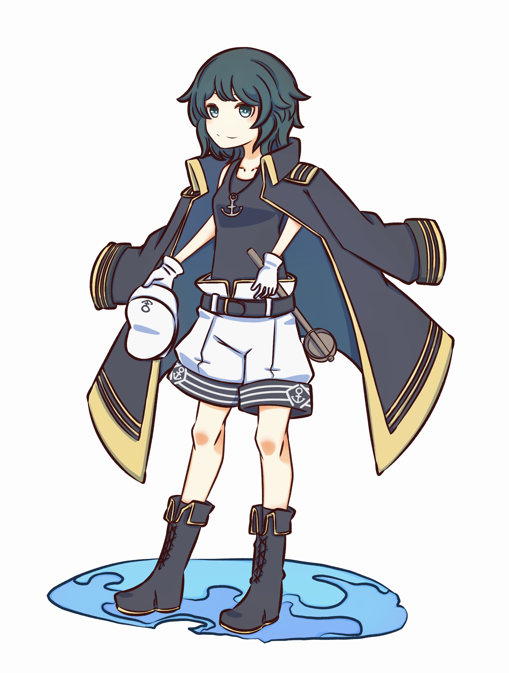 watanukimurama, murasa minamitsu, touhou, highres, adapted costume, anchor necklace, anchor symbol, aqua eyes, belt, black belt, black boots, black coat, black hair, black tank top, boots, coat, full body, gloves, hat, holding, holding unworn clothes, holding unworn hat, jewelry, ladle, light smile, looking at viewer, necklace, pendant, puddle, short hair, shorts, standing, tank top, unworn hat, unworn headwear, white background, white gloves, white hat, white shorts