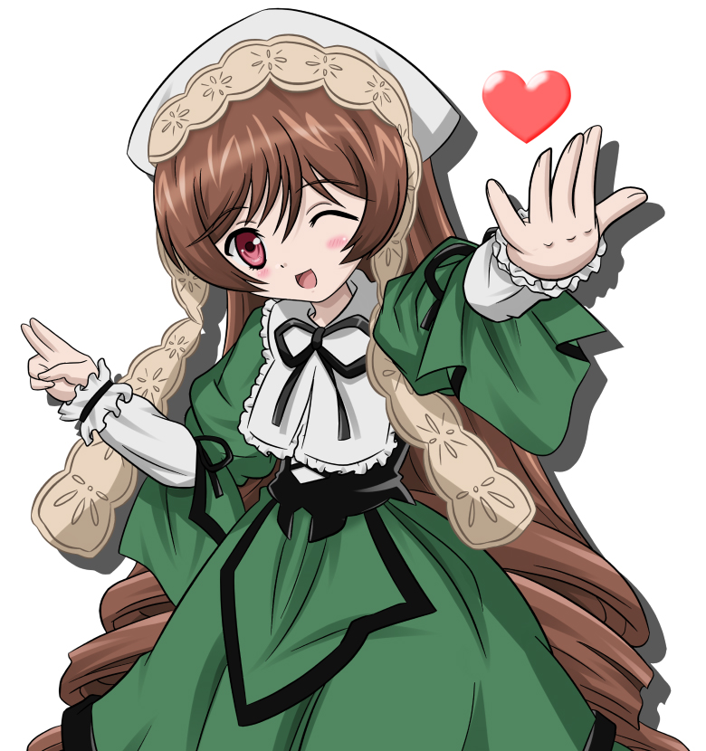 takumi (rozen garten), suiseiseki, rozen maiden, 00s, 1girl, blush, brown hair, female focus, headscarf, heart, long hair, one eye closed, red eyes, simple background, smile, solo, very long hair, white background, white headscarf