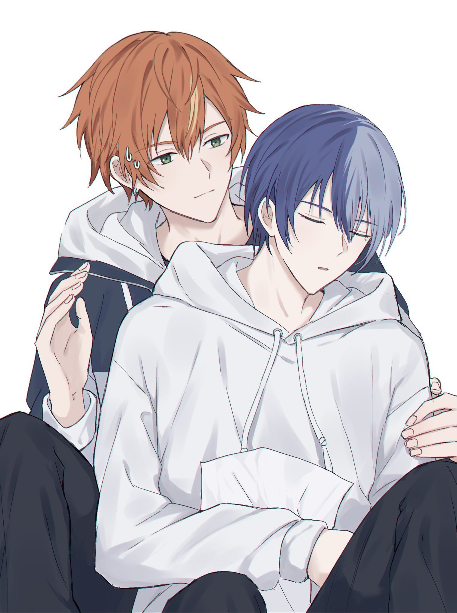 yangaengso, aoyagi touya, shinonome akito, project sekai, highres, 2boys, blonde hair, blue hair, closed mouth, drawstring, earrings, facing away, fingernails, hood, hood down, hoodie, jewelry, long sleeves, looking at another, male focus, mole, mole under eye, multicolored hair, multiple boys, orange hair, parted lips, short hair, simple background, sleeping, split-color hair, streaked hair, two-tone hair, white background, white hoodie, yaoi