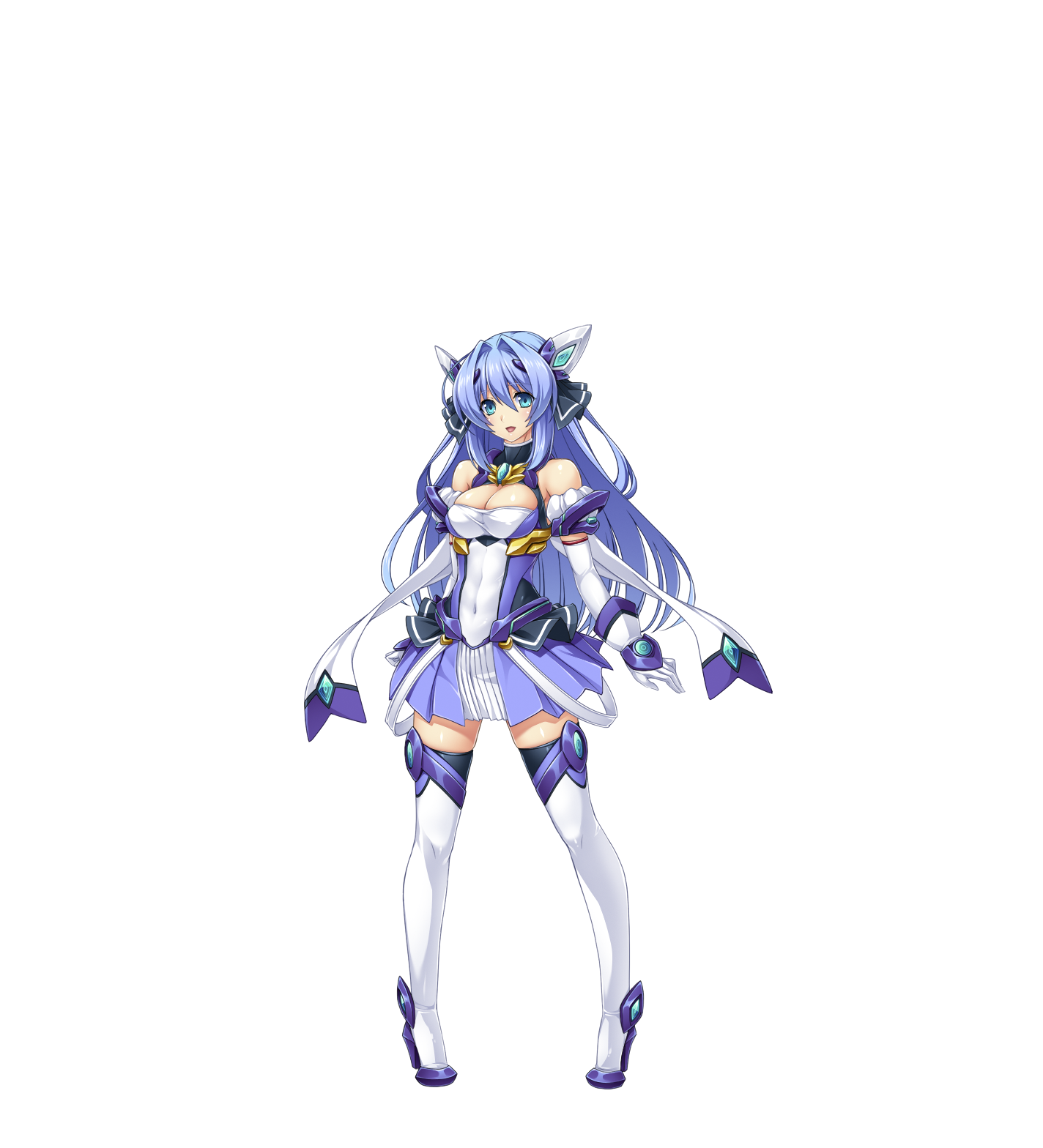 inoino, exs-tia, katsuragi marina, kouyoku senki exs-tia, game cg, highres, large variant set, non-web source, official art, variant set, 1girl, aqua eyes, bare shoulders, blue eyes, blue hair, boots, breasts, cleavage, cleavage cutout, clothing cutout, covered navel, detached sleeves, dress, elbow gloves, exs-tia (exs-tia 3), full body, gloves, hair between eyes, hair intakes, headgear, high heel boots, high heels, large breasts, legs apart, long hair, looking at viewer, magical girl, open mouth, pigeon-toed, short dress, skirt, smile, solo, standing, tachi-e, thigh boots, thighhighs, transparent background, white gloves, white thighhighs, zettai ryouiki