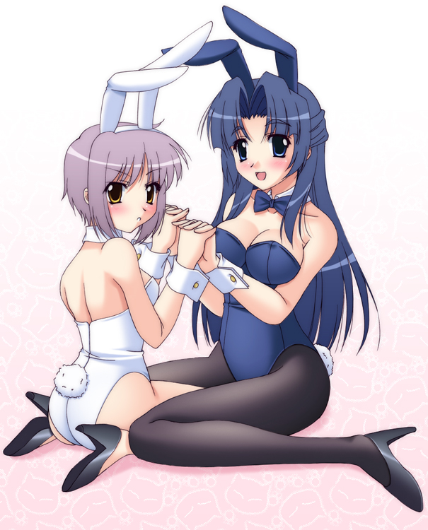 narutaki shin, asakura ryoko, nagato yuki, suzumiya haruhi no yuuutsu, black legwear, 00s, 2girls, animal ears, back, bare legs, bare shoulders, blush, bow, bowtie, breasts, cleavage, detached collar, fake animal ears, female focus, half updo, holding hands, interlocked fingers, kneeling, leotard, long hair, multiple girls, pantyhose, playboy bunny, rabbit ears, rabbit tail, shoes, short hair, tail, very long hair, wrist cuffs, yuri