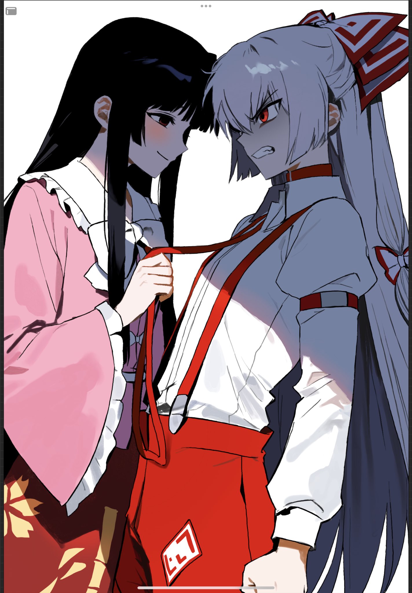 fujiwara no mokou, houraisan kaguya, touhou, highres, 2girls, angry, bow, clenched teeth, closed mouth, collared shirt, cowboy shot, grey hair, long hair, multiple girls, pants, pink shirt, red eyes, red pants, shirt, simple background, smile, suspender pants, teeth, white background, white bow, white shirt, wide sleeves, yaoimani