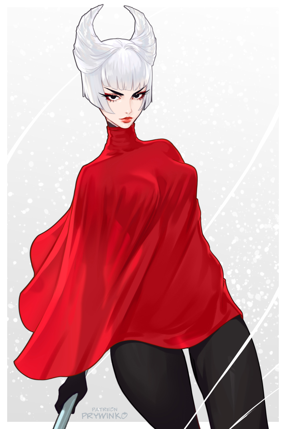prywinko, hornet (hollow knight), hollow knight: silksong, highres, 1girl, black eyes, blunt bangs, breasts, cloak, closed mouth, hair horns, holding, large breasts, red cloak, red lips, short hair, simple background, smile, solo, standing, weapon, white hair