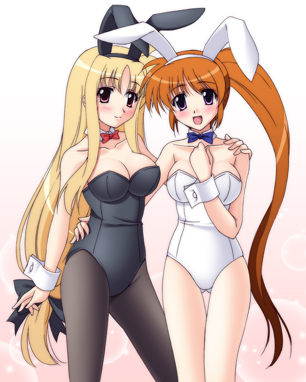narutaki shin, fate testarossa, takamachi nanoha, lyrical nanoha, mahou shoujo lyrical nanoha, mahou shoujo lyrical nanoha strikers, hand on shoulder, 00s, 2girls, animal ears, bare shoulders, blonde hair, blush, bow, bowtie, breasts, cleavage, fake animal ears, hair ribbon, hand on own hip, happy, hip focus, hug, leotard, long hair, low-tied long hair, multiple girls, open mouth, pantyhose, playboy bunny, rabbit ears, ribbon, smile, very long hair, wrist cuffs, yuri