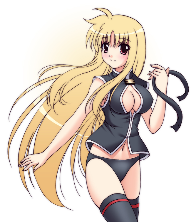 narutaki shin, fate testarossa, lyrical nanoha, mahou shoujo lyrical nanoha, mahou shoujo lyrical nanoha strikers, 00s, 1girl, blonde hair, breasts, cleavage, cleavage cutout, clothing cutout, female focus, large breasts, long hair, panties, red eyes, solo, thighhighs, underwear, very long hair