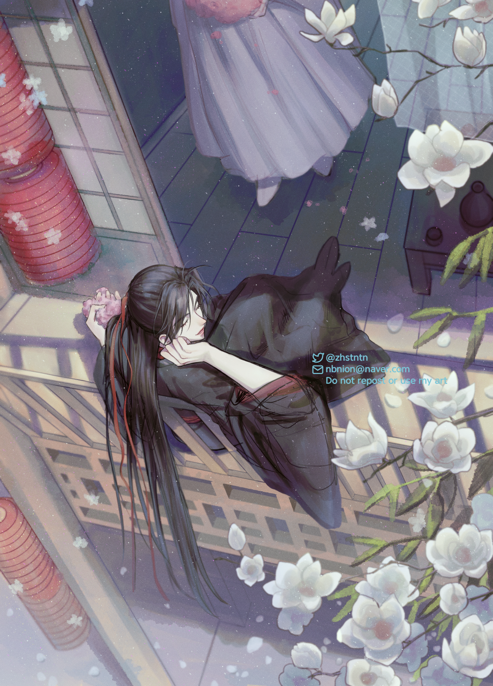 zhstntn, wei wuxian, wei wuxian (yiling laozu), modao zushi, highres, korean commentary, 1boy, 1girl, against railing, ahoge, architecture, bishounen, black boots, black hair, black hanfu, boots, branch, chinese clothes, closed eyes, east asian architecture, eyelashes, falling petals, flower, from above, full body, hair down, hair ribbon, half updo, hand on own face, hanfu, hanging lantern, head rest, holding, holding flower, lantern, leaf, light particles, long hair, lying, male focus, official alternate hairstyle, paper lantern, parted lips, petals, pink flower, railing, red ribbon, red sash, ribbon, robe, sash, sitting, smile, solo focus, table, twitter username, watermark, white flower, wide sleeves, wooden floor