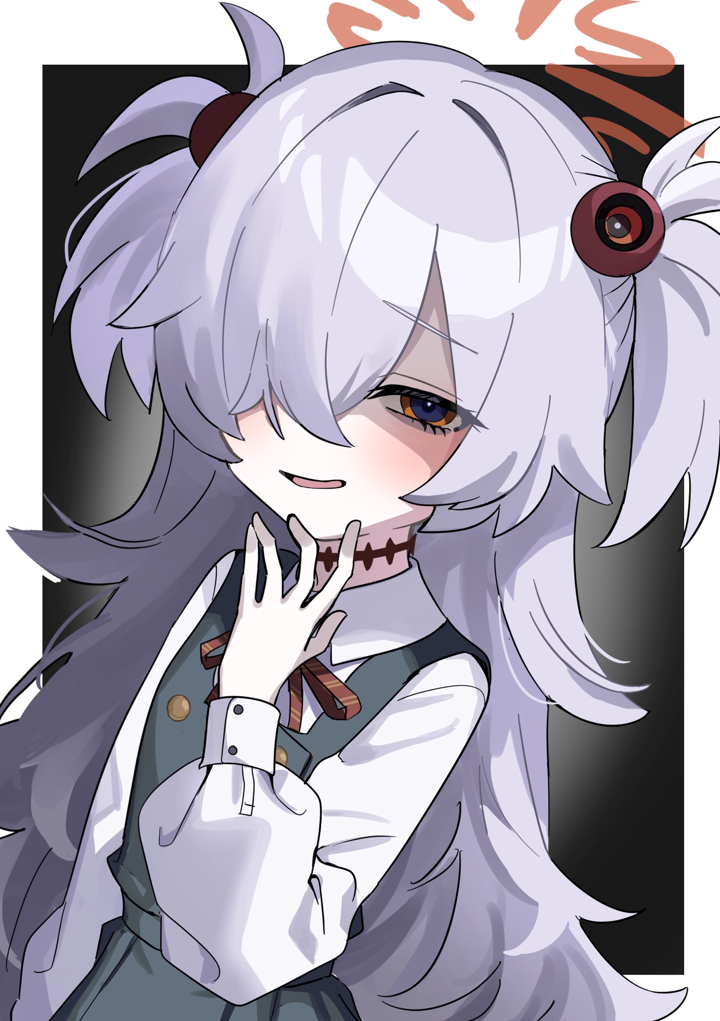 sumomo otome, kanoe (blue archive), blue archive, commentary request, highres, 1girl, black background, black dress, black pantyhose, blush, border, bright pupils, buttons, collared shirt, diagonal-striped ribbon, double-breasted, dress, gradient background, grey background, grey hair, hair over one eye, half-closed eyes, halo, long bangs, long hair, long sleeves, looking at viewer, messy hair, mojyo, open mouth, orange eyes, orange halo, outside border, pale skin, pantyhose, parted bangs, partially shaded face, pinafore dress, puffy long sleeves, puffy sleeves, red ribbon, ribbon, scar, scar on neck, shirt, short twintails, sidelocks, sleeve cuffs, sleeveless, sleeveless dress, smile, solo, sphere hair ornament, tongue, twintails, upper body, very long hair, white border, white shirt