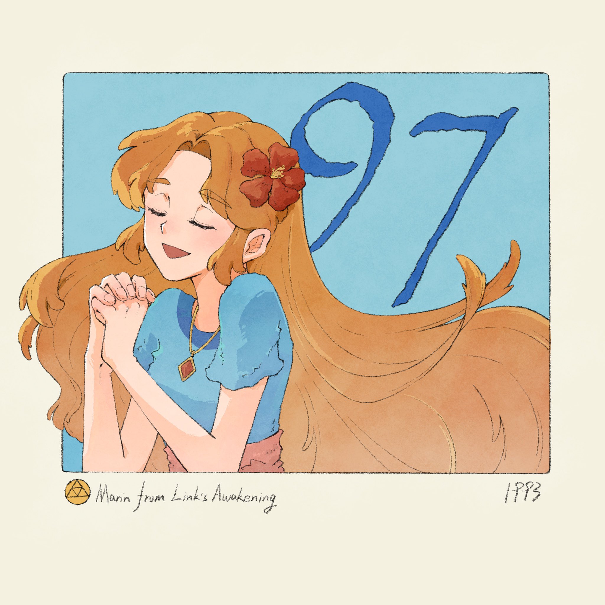 yangyaozigo, marin (zelda), nintendo, the legend of zelda, the legend of zelda: link's awakening, commentary, english commentary, highres, blue dress, character name, closed eyes, dress, flower, hair flower, hair ornament, hibiscus, long hair, own hands together, red flower, red hair, red sash, sash