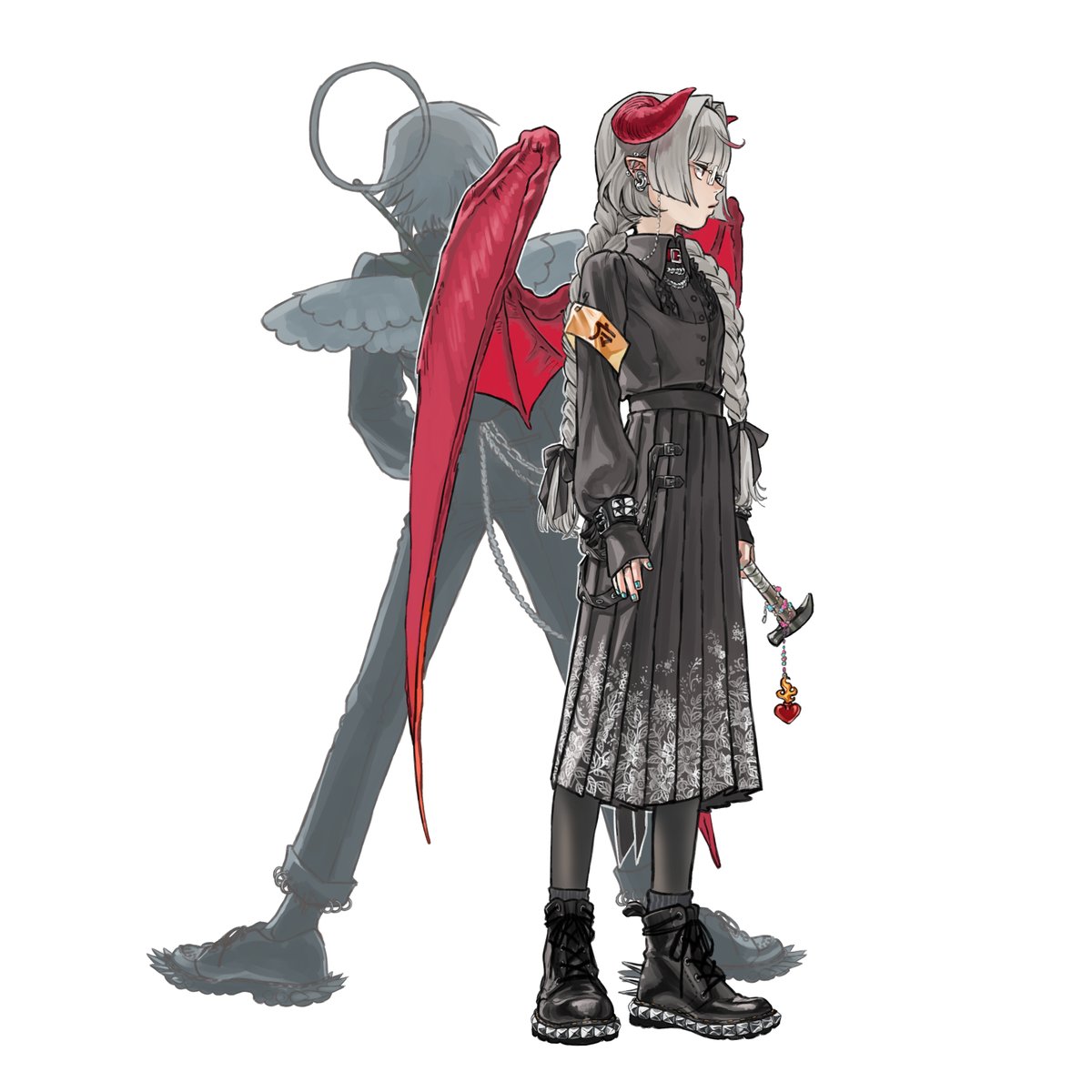 koze niire, makaino ririmu, uzuki kou, nijisanji, highres, 1boy, 1girl, alternate costume, armband, black pantyhose, black shirt, black skirt, braid, collared shirt, demon girl, demon horns, demon wings, ear piercing, full body, grey hair, hammer, holding, holding hammer, horns, long hair, long skirt, long sleeves, looking to the side, nail polish, pantyhose, piercing, pleated skirt, pointy ears, print skirt, shirt, shoes, simple background, skirt, sleeves past wrists, sneakers, solo focus, spiked shoes, spikes, twin braids, virtual youtuber, white background, wing collar, wings