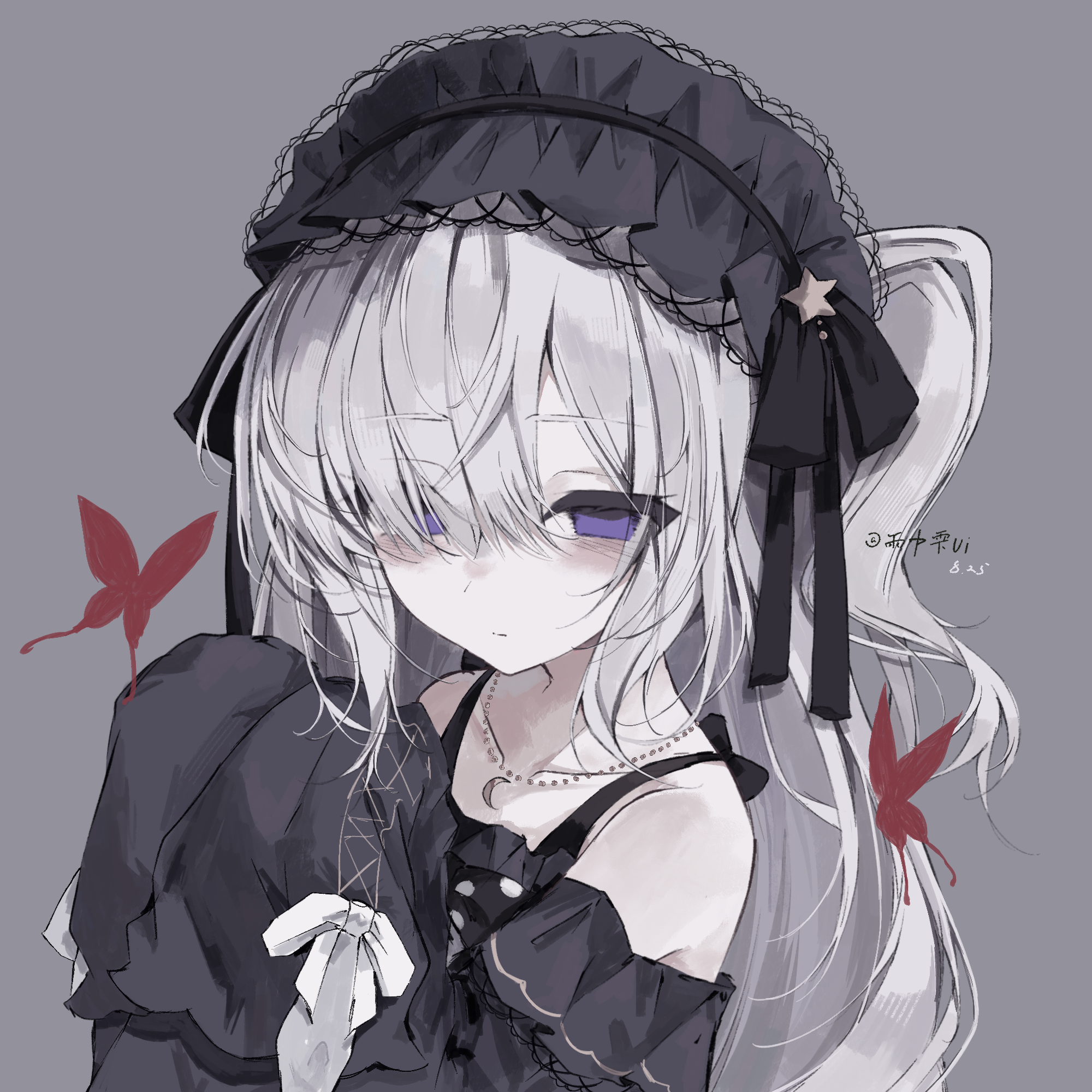 natsume anan, mahou shoujo no majo saiban, chinese commentary, commentary request, highres, 1girl, bare shoulders, black dress, black hairband, black ribbon, bug, butterfly, closed mouth, crescent, crescent necklace, dress, frilled sleeves, frills, gothic lolita, grey background, grey hair, hair over one eye, hair ribbon, hairband, insect, jewelry, lolita fashion, lolita hairband, long hair, long sleeves, looking at viewer, magical girl, necklace, one side up, pale skin, purple eyes, red butterfly, ribbon, simple background, sleeves past fingers, sleeves past wrists, solo, upper body, white ribbon, you de cong yu