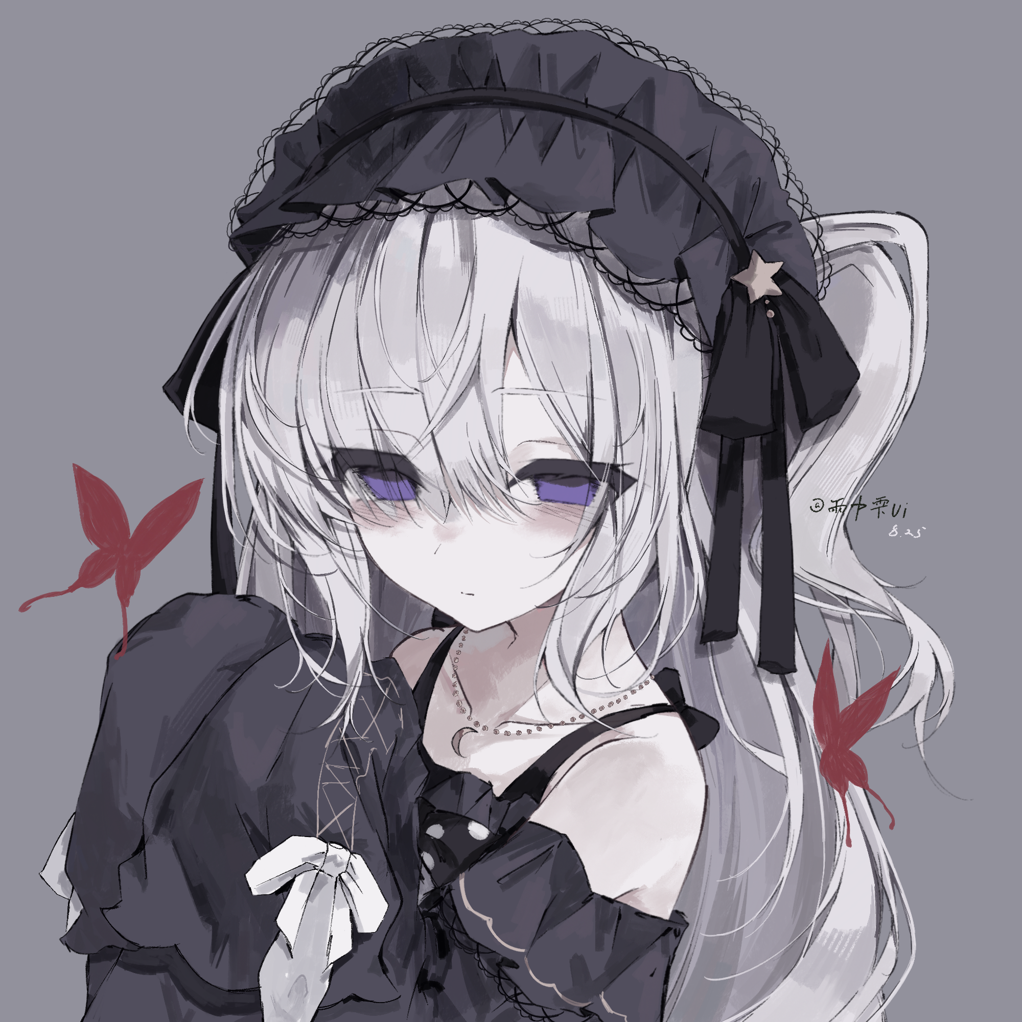 natsume anan, mahou shoujo no majo saiban, chinese commentary, commentary request, highres, 1girl, bare shoulders, black dress, black hairband, black ribbon, bug, butterfly, closed mouth, crescent, crescent necklace, dress, eyes visible through hair, frilled sleeves, frills, gothic lolita, grey background, grey hair, hair over one eye, hair ribbon, hairband, insect, jewelry, lolita fashion, lolita hairband, long hair, long sleeves, looking at viewer, magical girl, necklace, one side up, pale skin, purple eyes, red butterfly, ribbon, simple background, sleeves past fingers, sleeves past wrists, solo, upper body, white ribbon, you de cong yu