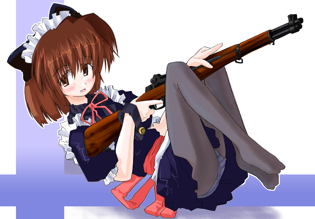 blush, bow, brown eyes, brown hair, frills, garand, gun, legs, m1 garand, m1 rifle, maid, panties, pantyhose, rifle, sash, short hair, striped clothes, striped panties, underwear, upskirt, weapon
