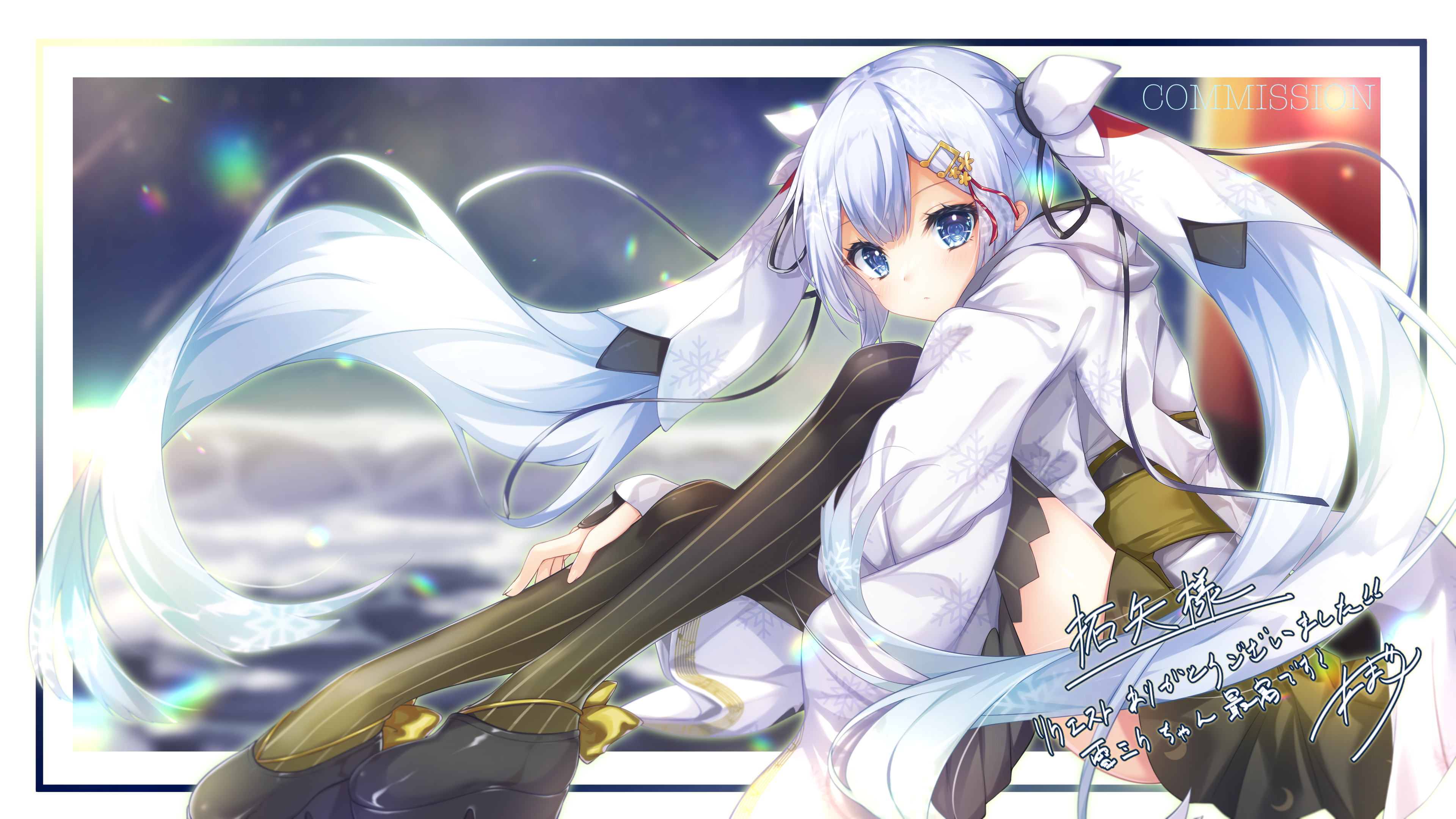 amatsuji, hatsune miku, yuki miku, yuki miku (2018), vocaloid, absurdres, commission, highres, skeb commission, 1girl, black skirt, black thighhighs, blue eyes, blush, chihaya (clothing), closed mouth, fortissimo, hair between eyes, hair ornament, japanese clothes, long hair, long sleeves, looking at viewer, miko, musical note, musical note hair ornament, official alternate costume, official alternate hairstyle, sandals, skirt, snowflake print, striped clothes, striped thighhighs, thighhighs, twintails, very long hair, white hair, wide sleeves, zettai ryouiki