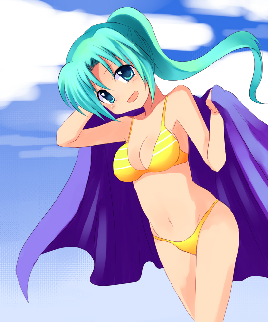 subaru (yachika), sonozaki mion, higurashi no naku koro ni, 00s, 1girl, aqua eyes, aqua hair, bikini, blush, breasts, covered erect nipples, female focus, green eyes, green hair, long hair, matching hair/eyes, medium breasts, navel, open mouth, ponytail, solo, striped bikini, striped clothes, swimsuit, yellow bikini
