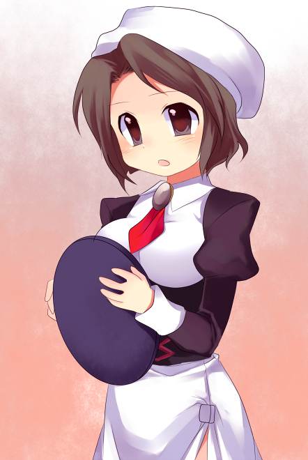 subaru (yachika), shannon (umineko), umineko no naku koro ni, 00s, 1girl, :d, apron, beret, breasts, brown eyes, brown hair, female focus, gradient background, hat, holding, juliet sleeves, large breasts, long sleeves, looking at viewer, open mouth, puffy long sleeves, puffy sleeves, simple background, smile, solo, tray, upper body