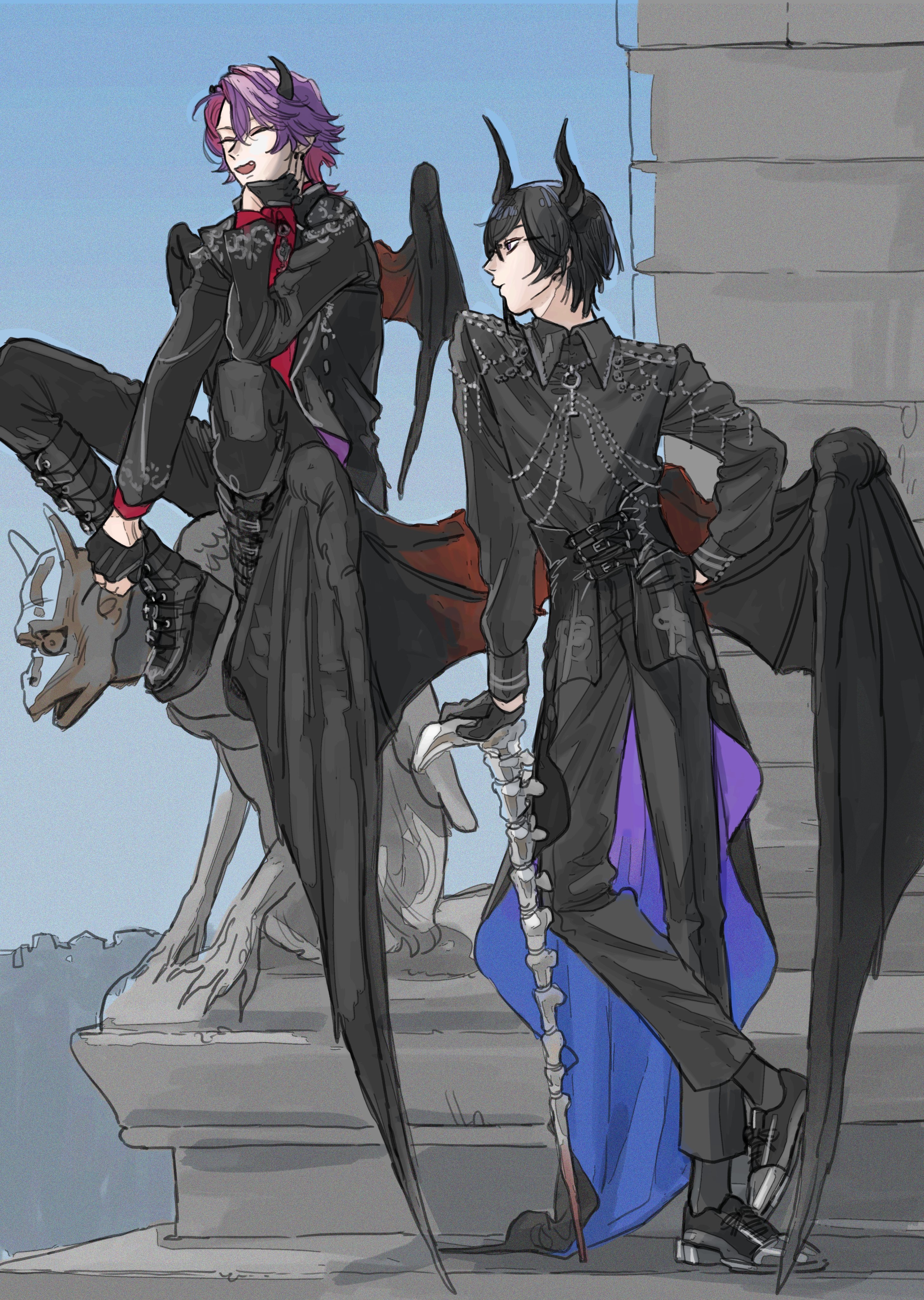 koze niire, shikinagi akira, watarai hibari, nijisanji, absurdres, highres, 2boys, alternate costume, belt boots, black boots, black gloves, black hair, black pants, black shirt, black shoes, boots, chain, coattails, collared shirt, colored inner hair, demon boy, demon horns, demon wings, expressionless, full body, gloves, half gloves, hand on own hip, horns, jewelry, knee boots, loafers, long sleeves, looking to the side, male focus, multicolored hair, multiple boys, necklace, pants, pink hair, purple hair, shirt, shoes, short hair, sitting, smile, standing, statue, two-tone hair, virtual youtuber, wing collar, wings