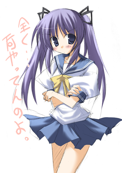 hiiragi kagami, lucky star, translation request, 00s, 1girl, blue skirt, blush, bow, cropped legs, crossed legs, female focus, japanese text, long hair, miniskirt, puffy short sleeves, puffy sleeves, purple hair, school uniform, serafuku, short sleeves, simple background, skirt, solo, text focus, twintails, white background, yellow bow