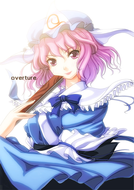 yakepu, saigyouji yuyuko, touhou, 1girl, blue dress, bow, dress, female focus, folding fan, frills, hand fan, hat, holding, holding fan, lips, pink eyes, pink hair, ribbon, short hair, smile, solo, white background