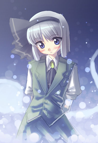 yakepu, konpaku youmu, konpaku youmu (ghost), touhou, silver hair, 1girl, arms behind back, black ribbon, blue eyes, blush, female focus, green skirt, hair ribbon, hitodama, looking down, puffy short sleeves, puffy sleeves, ribbon, short sleeves, sidelocks, skirt, skirt set, snowing, solo, vest