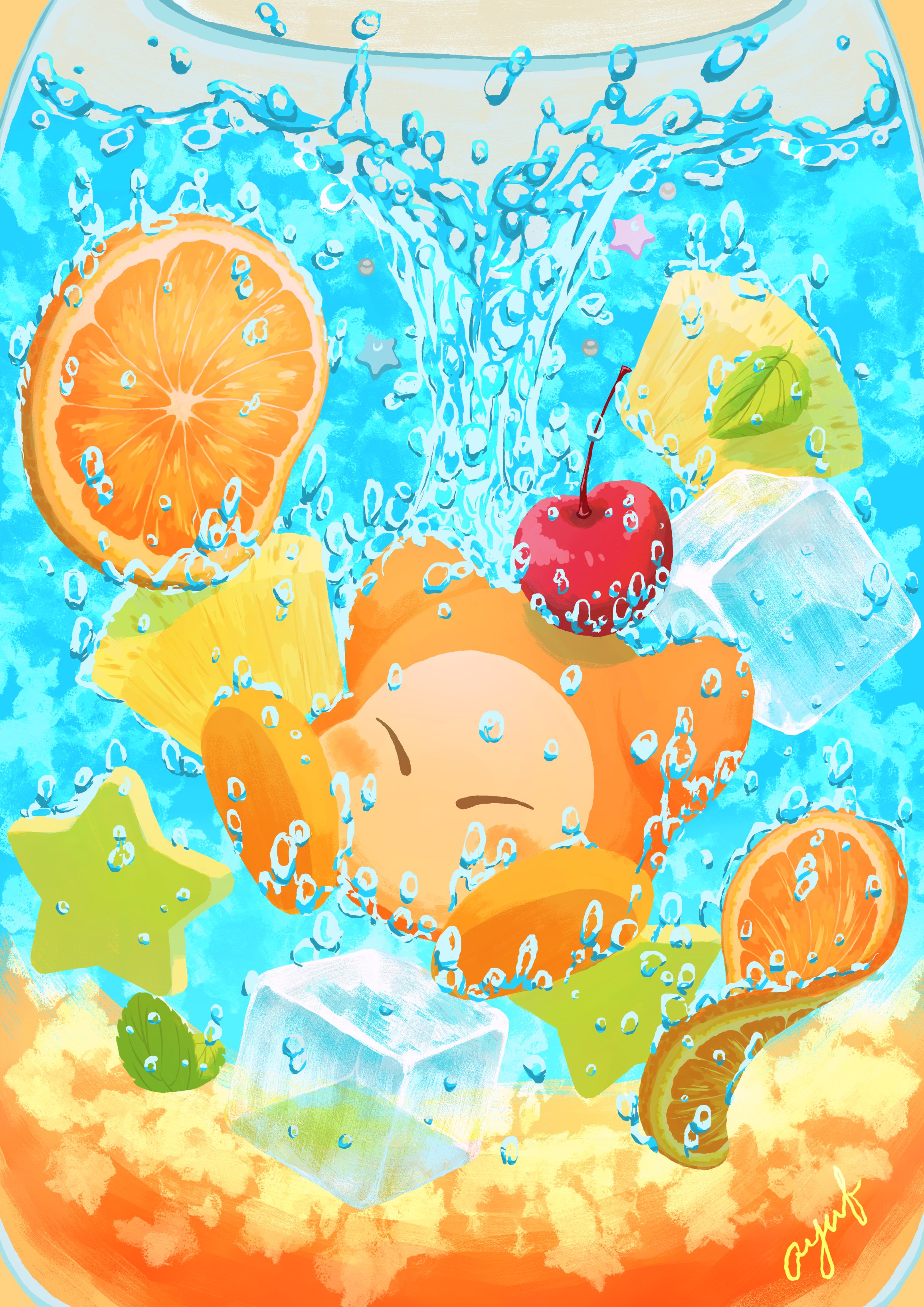 waddle dee, kirby (series), nintendo, absurdres, commentary request, highres, ayuf (va ttc), bubble, cherry, closed eyes, cup, drinking glass, food, fruit, ice, ice cube, no humans, orange (fruit), orange slice, signature, solo, star (symbol), water