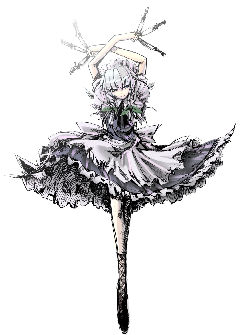 yakepu, izayoi sakuya, touhou, highres, 1girl, apron, arms up, between fingers, blue eyes, braid, female focus, footwear ribbon, holding, knife, maid, maid apron, maid headdress, monochrome, side braid, sketch, smile, solo, twin braids