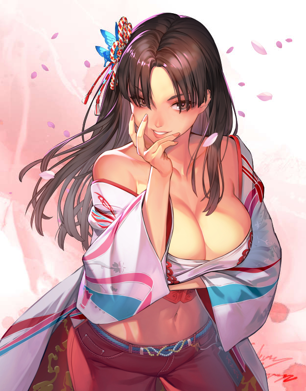 hinoru saikusa, shiranui mai, fatal fury, street fighter, street fighter 6, 1girl, arm under breasts, blunt bangs, breasts, brown eyes, brown hair, cleavage, falling petals, hand on own chin, large breasts, linea alba, lips, long hair, looking at viewer, midriff, nail polish, navel, official alternate costume, official alternate hairstyle, parted bangs, parted lips, petals, pink nails, pink petals, smile, solo