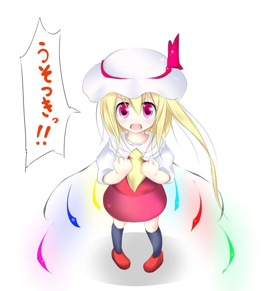 oouso, flandre scarlet, touhou, 1girl, black socks, blonde hair, blouse, blush, female focus, hair between eyes, hat, hat ribbon, kneehighs, mob cap, red eyes, ribbon, shirt, short hair, side ponytail, socks, solo, speech bubble, white hat, white shirt, wings