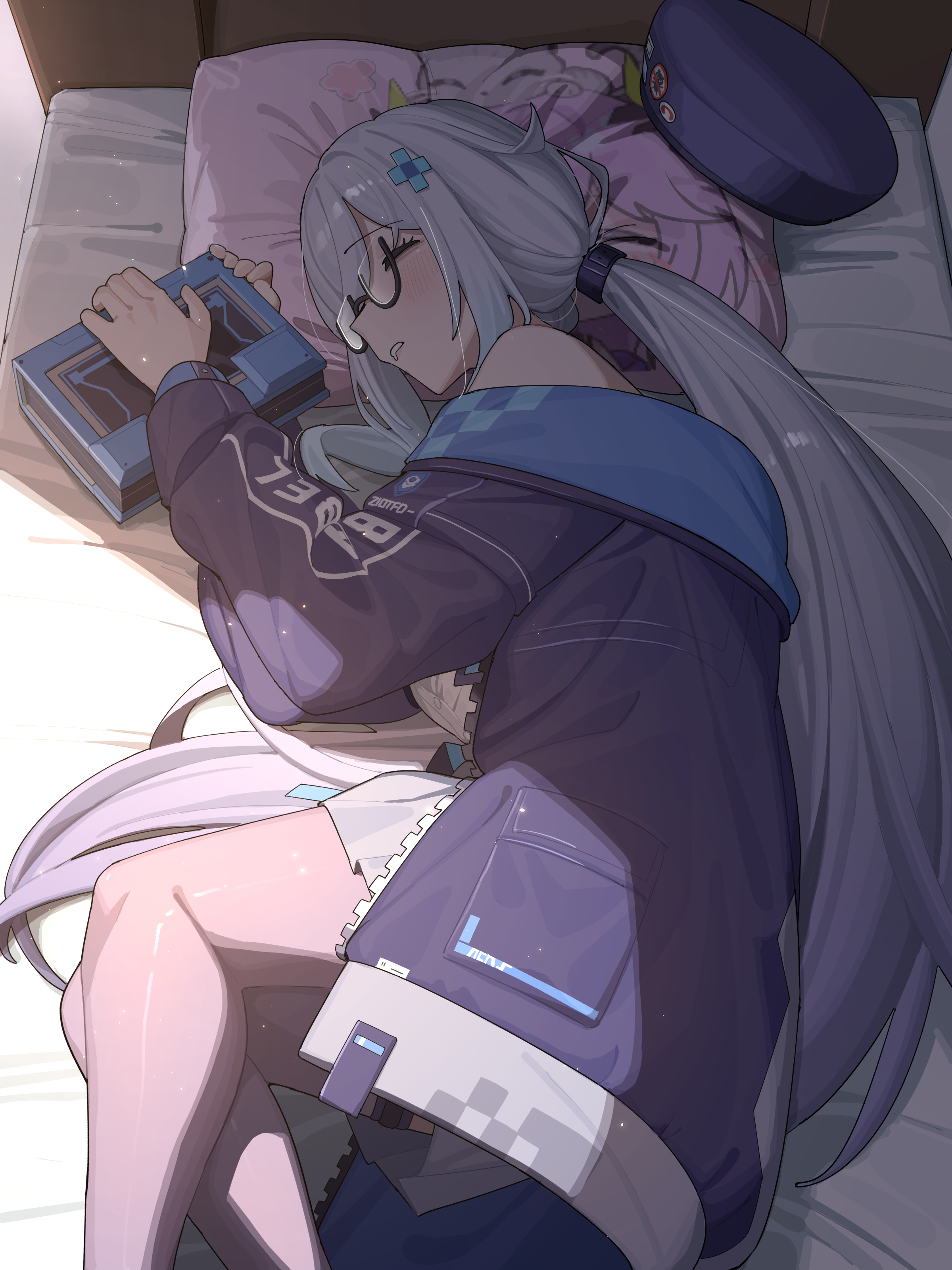 kopezo 0920 pikotan, starward, absurdres, commentary, highres, paid reward available, 1girl, beret, black-framed eyewear, black coat, blue coat, blue hat, blush, book, breasts, closed eyes, coat, d-pad, d-pad hair ornament, drooling, feet out of frame, glasses, grey hair, hair ornament, hat, long hair, long sleeves, low twintails, lying, medium breasts, miniskirt, mouth drool, off shoulder, on bed, on side, open clothes, open coat, parted lips, pillow, print pillow, semi-rimless eyewear, shade, sharp (starward), skirt, sleeping, solo, sunlight, twintails, two-sided coat, two-sided fabric, unworn hat, unworn headwear, unzipped, very long hair, white skirt
