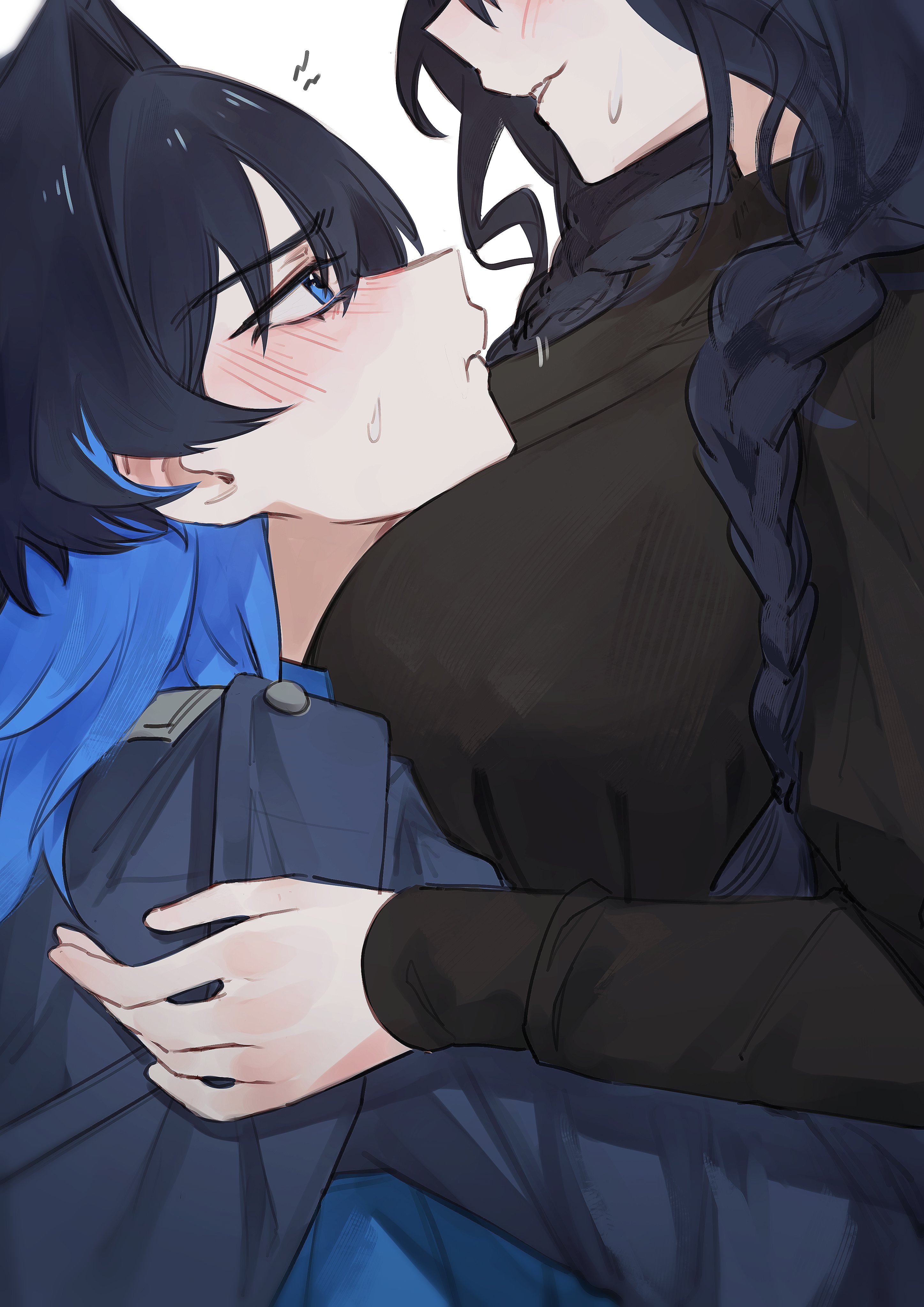 hunk 404, ouro kronii, ouro kronii (4th costume), ouro kronii (maid), hololive, hololive english, absurdres, highres, 2girls, black dress, blue eyes, blue hair, blue jacket, blush, braid, breasts, closed mouth, dress, dual persona, from side, grin, hair intakes, hug, jacket, large breasts, long hair, long sleeves, looking at another, low twin braids, multiple girls, official alternate costume, official alternate hairstyle, pout, profile, selfcest, small sweatdrop, smile, twin braids, upper body, virtual youtuber, yuri