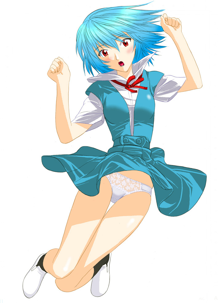 ayanami rei, neon genesis evangelion, blue hair, panties, pantyshot, red eyes, school uniform, serafuku, short hair, socks, solo, underwear