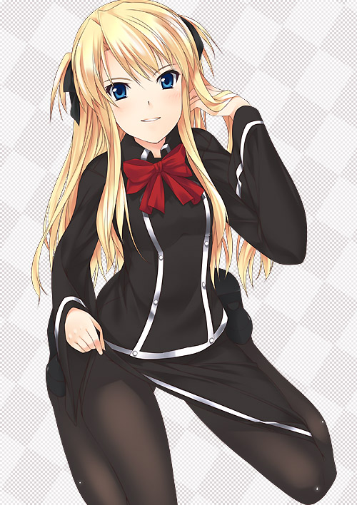 mizuki makoto, shalon, quiz magic academy, 1girl, adjusting hair, blonde hair, blue eyes, checkered background, clothes lift, female focus, hair ribbon, kneeling, looking at viewer, pantyhose, parted lips, ribbon, school uniform, skirt, skirt lift, smile, solo