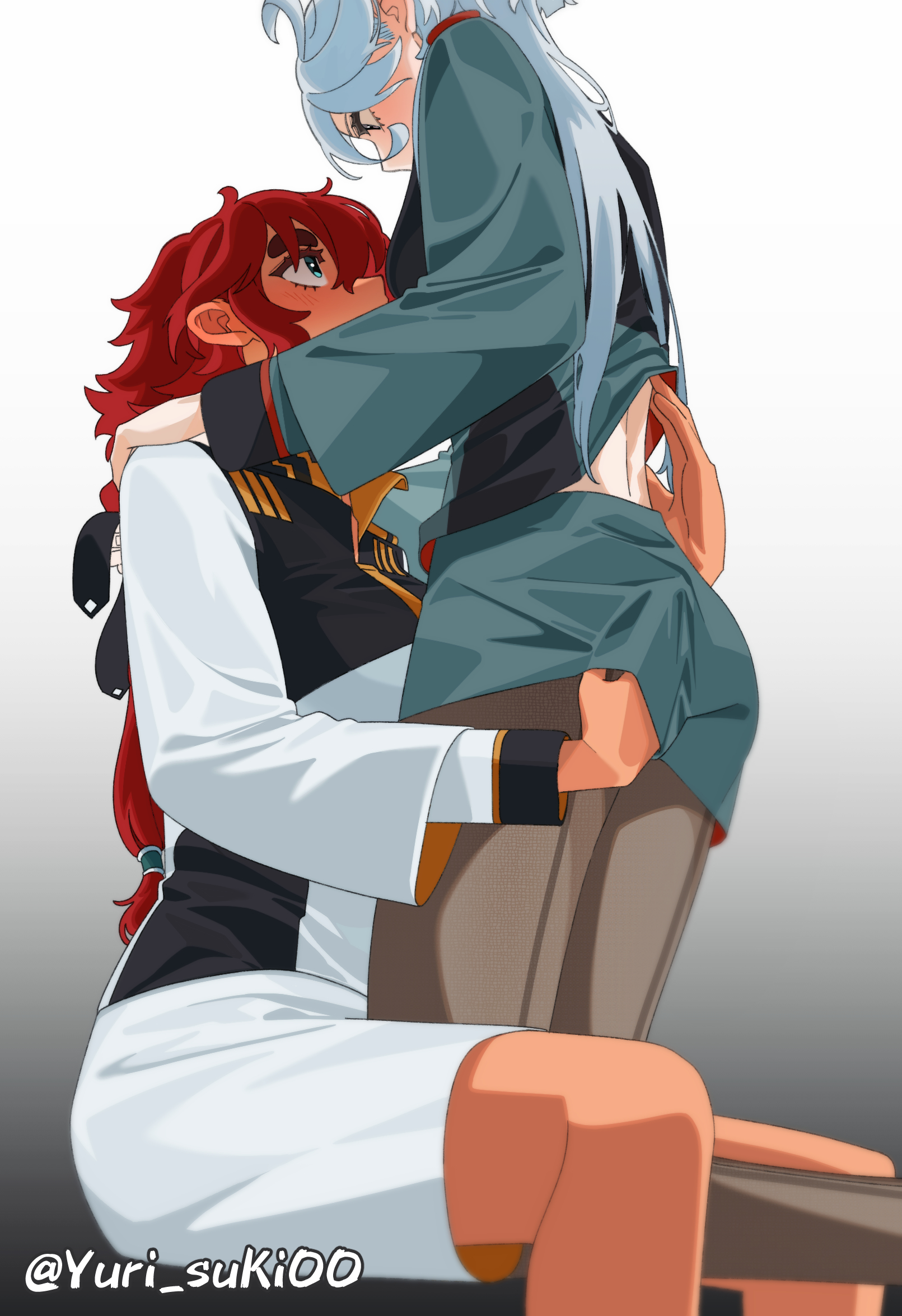 yurisuki00, miorine rembran, suletta mercury, gundam, gundam suisei no majo, highres, 2girls, ahoge, asticassia school uniform, blush, clothes lift, eye contact, grabbing another's ass, groping, hand in another's clothes, invisible chair, kneeling, looking at another, multiple girls, pantyhose, pantyhose under shorts, school uniform, shirt lift, shorts, sitting, thick eyebrows, undressing another, yuri